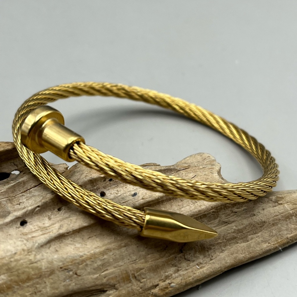 Edgy Gold Tone Twisted Cable Wire Bracelet- Modern Industrial Chic